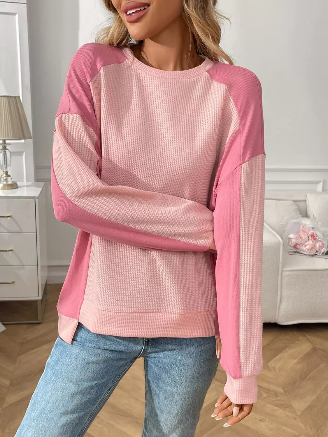 Color Block Waffle Knit Long Sleeve T-Shirt