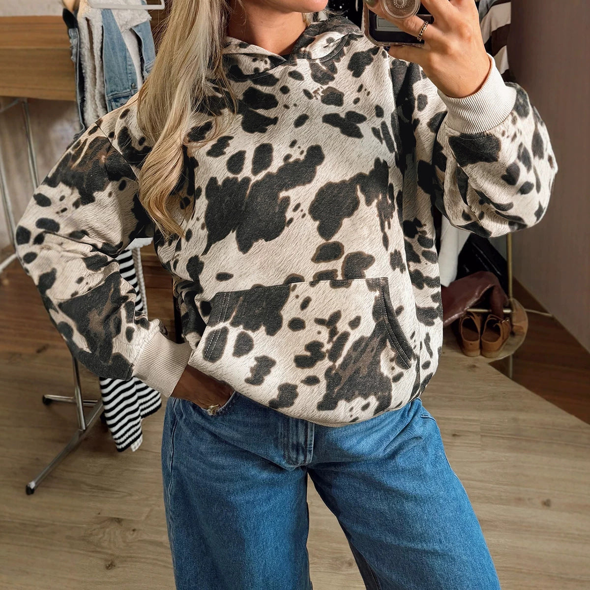 Women's Printed Loose-Fit Pullover Hoodie
