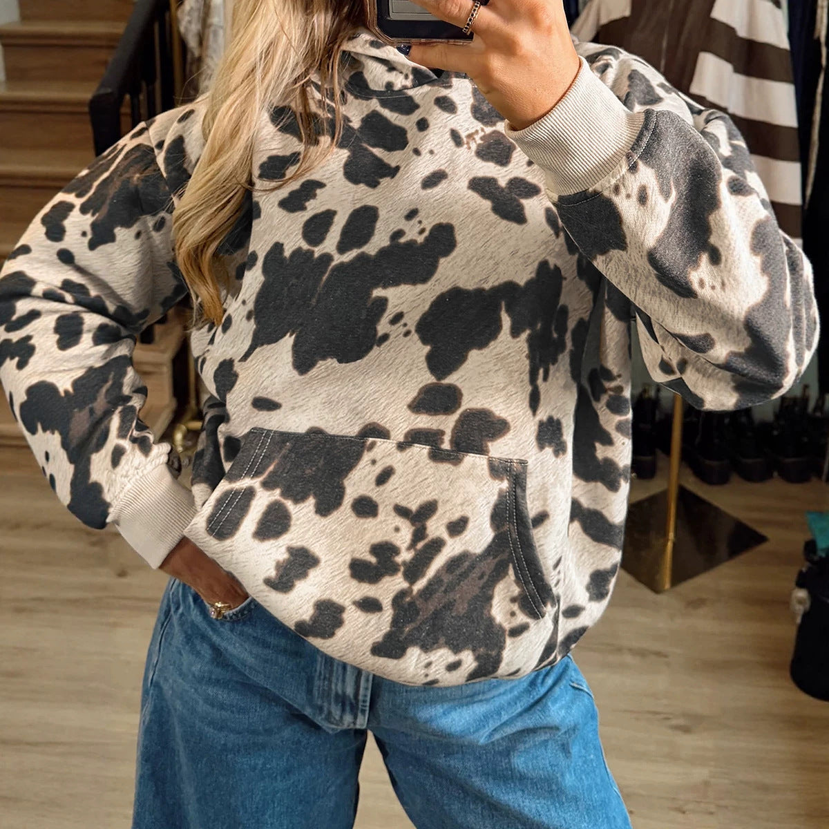 Women's Printed Loose-Fit Pullover Hoodie