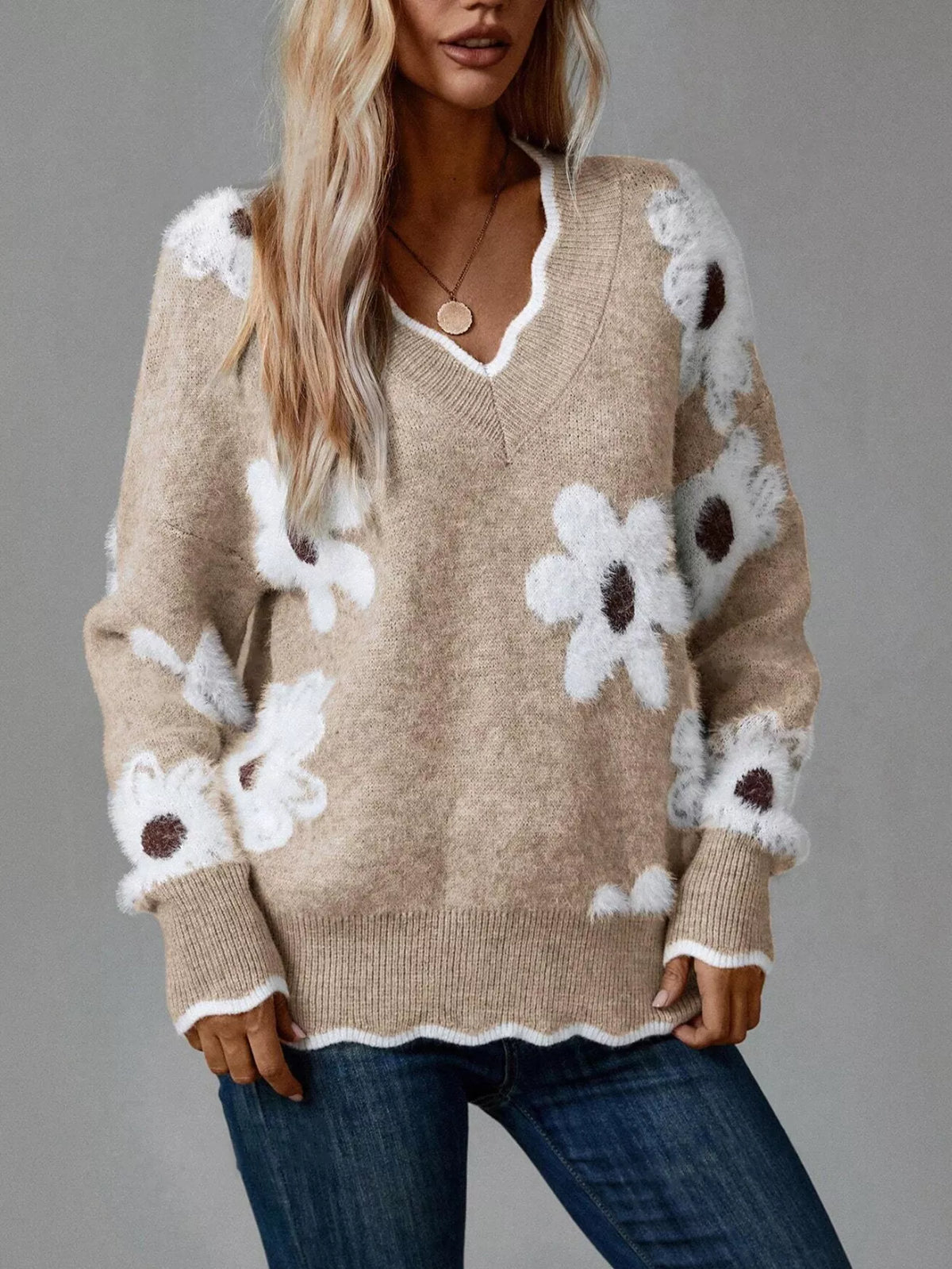 Floral V-Neck Long Sleeve Sweater