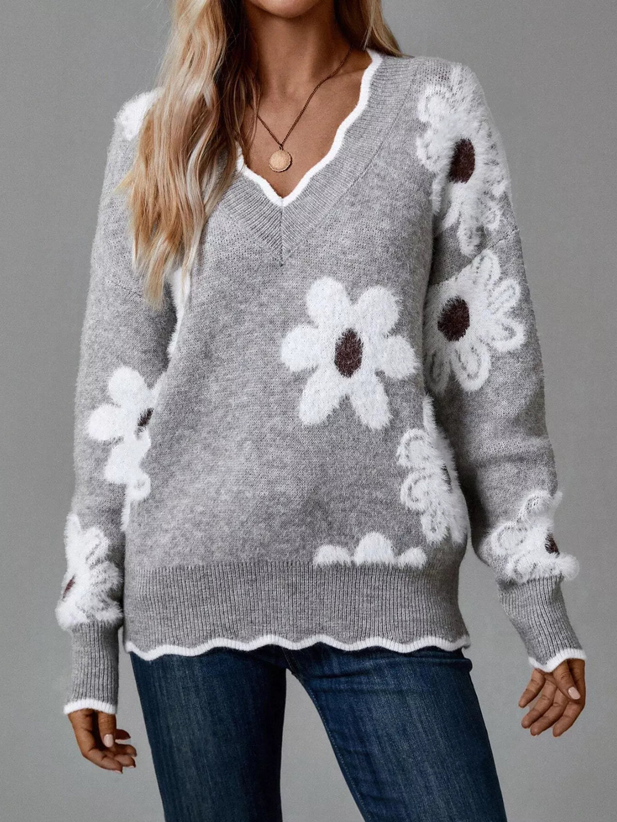 Floral V-Neck Long Sleeve Sweater